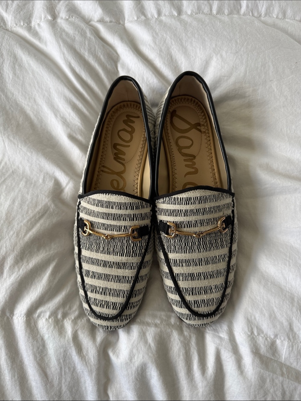 Sam Edelman Black & White Striped Men's Slip-On Loafers with Gold Bit